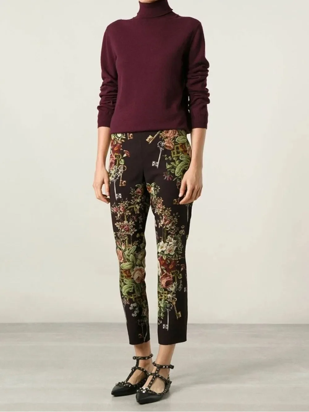 Dolce & Gabbana Brown Crepe Key Print Fitted Cropped Pants
